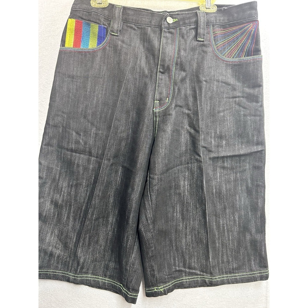 COOGI Men's Black Dark Wash Denim Shorts 12" Inseam Embroidered Logo 5-Pkt